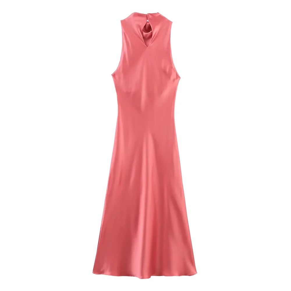 BM&MD&ZA2025Summer Novidades Mulheres Sem Mangas Temperamento Reto Cor Pura Cetim Texturizado Vestido Midi