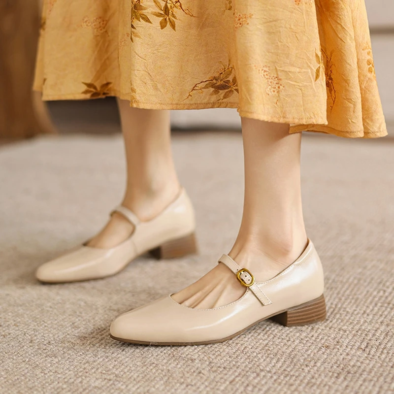 NEW Spring/Autumn Women Pumps Genuine Leather Shoes for Women Pointed Toe Low Heel Shoes Shallow Buckle Strap Mary Janes Shoes