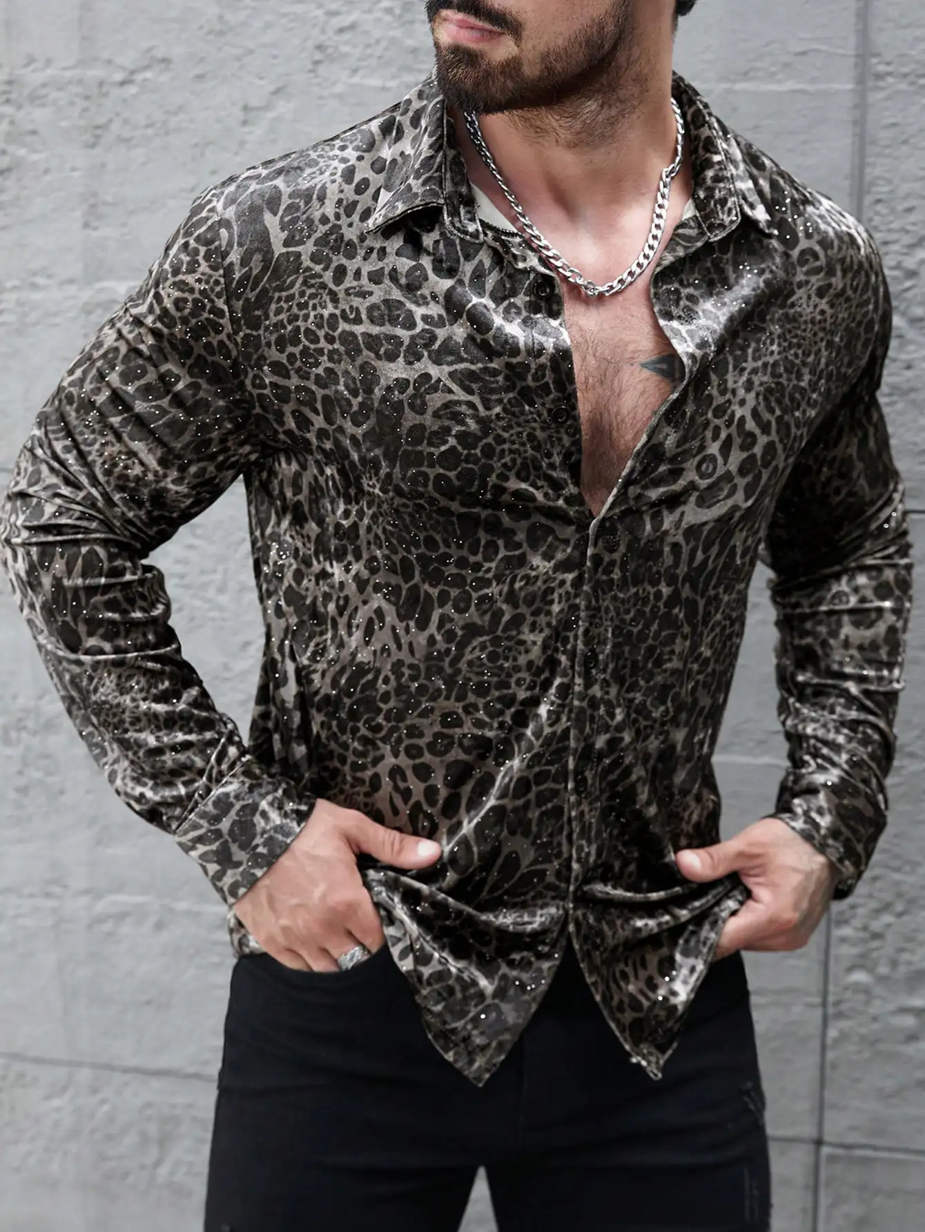 

Men's Velvet Leopard Print Long Sleeve Button-Front Shirt with Rhinestones