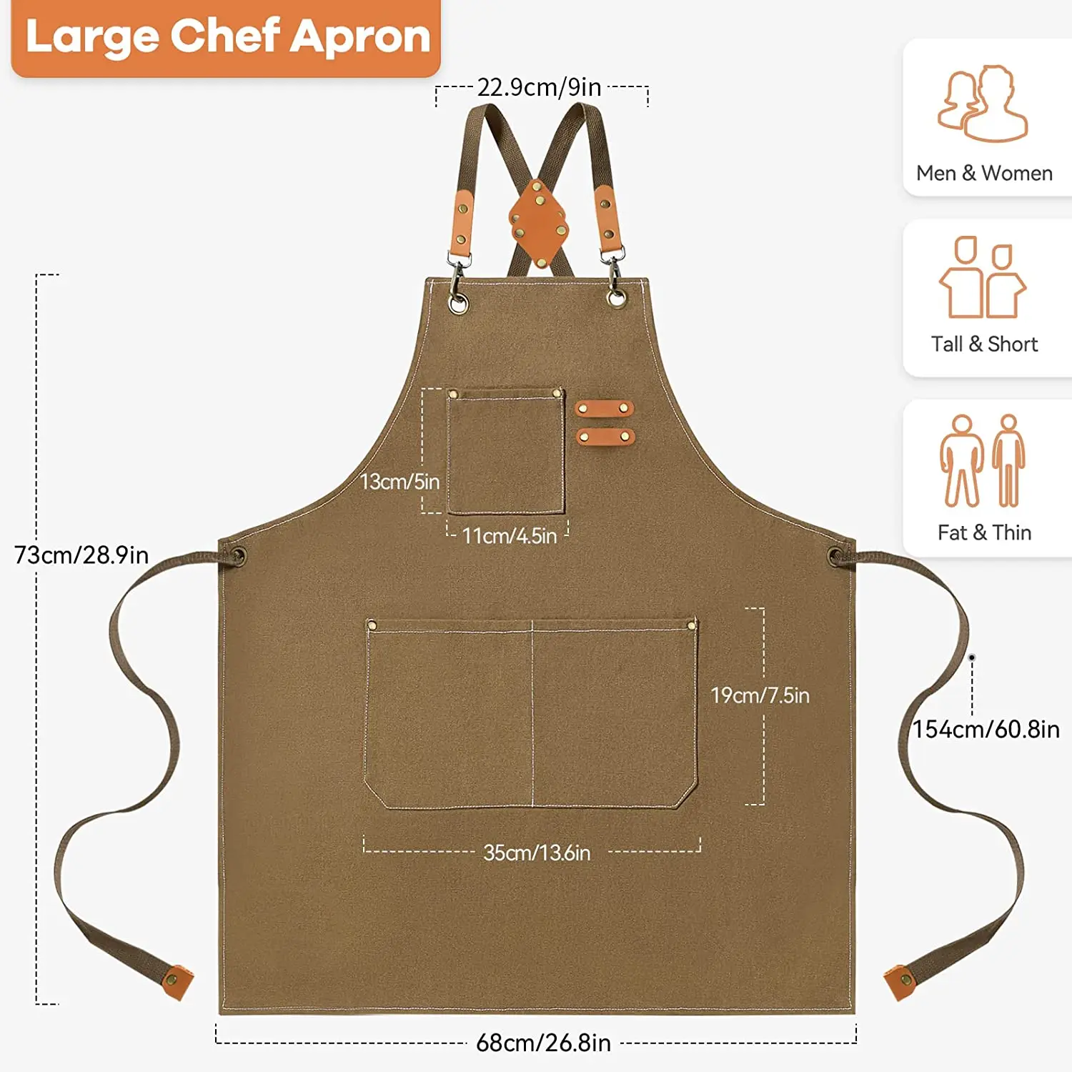 Work Aprons for Men Women with Large Pockets, Heavy Duty Cotton Canvas Cross Back Adjustable Apron