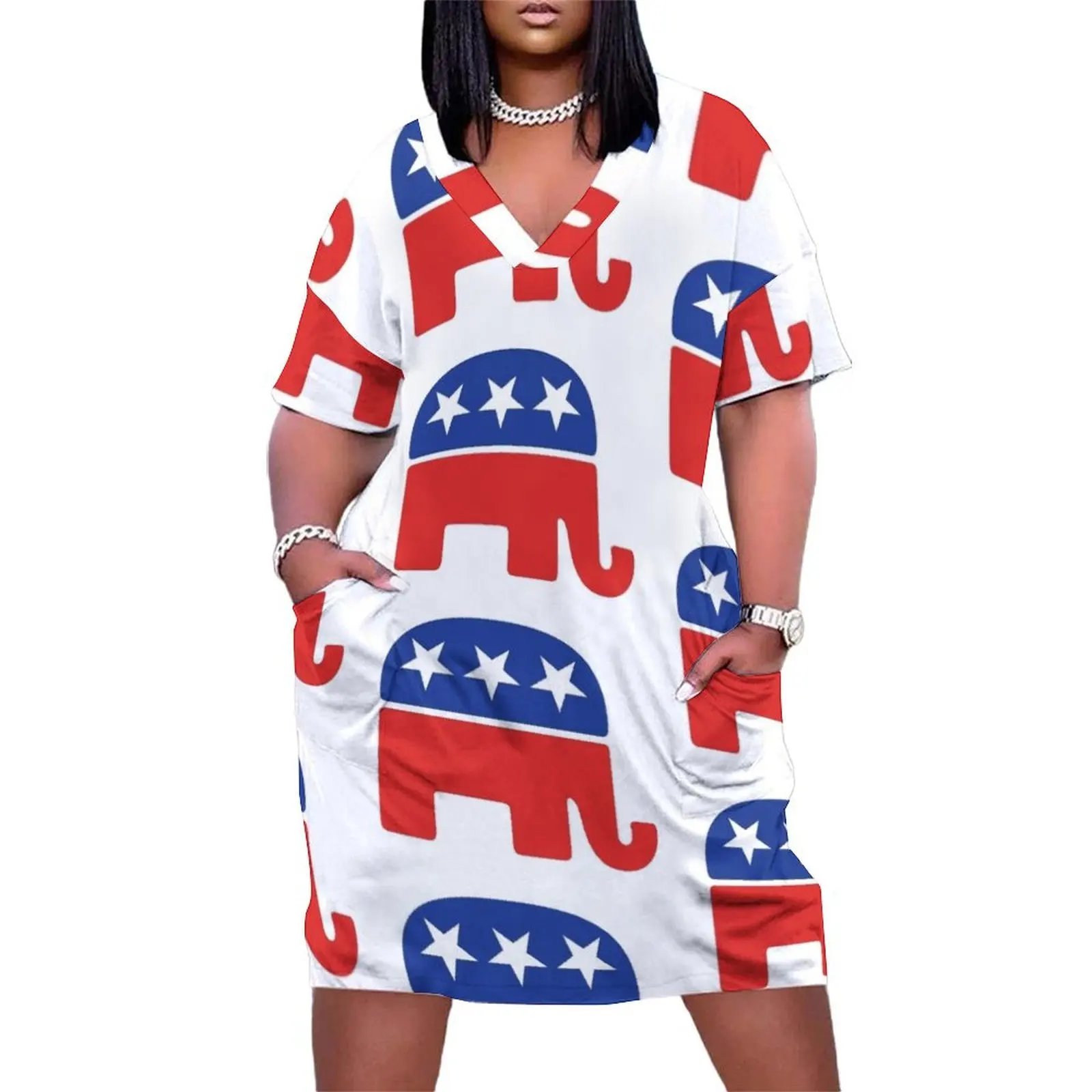 

Republican Logo GOP USA Elephant red and blue with stars HD HIGH QUALITY Loose Pocket Dress womens dress women's summer jumpsuit