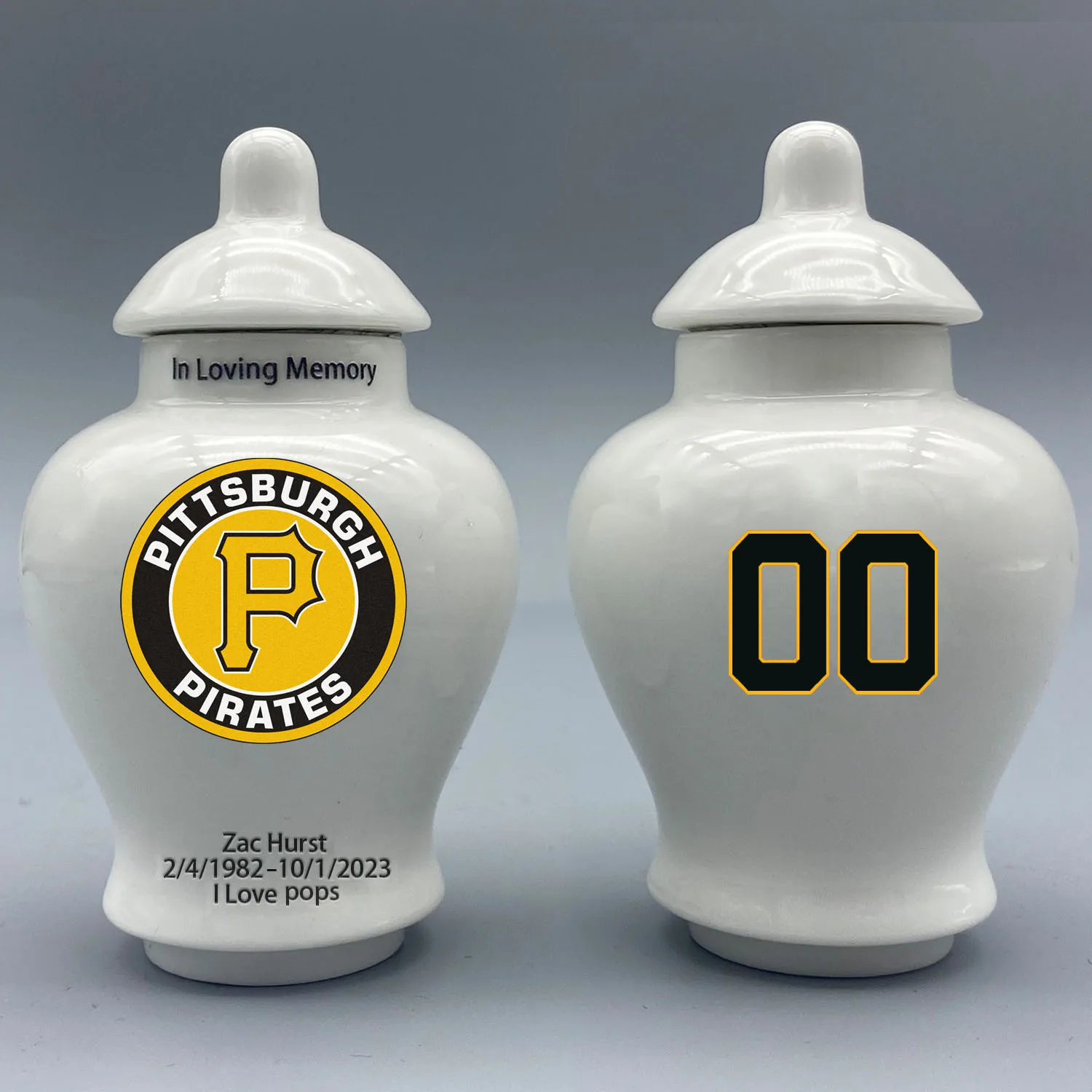 

Mini Urn for Pittsburgh Pirates-Baseball themed.Please send me the customization information - name/date and number on the urn