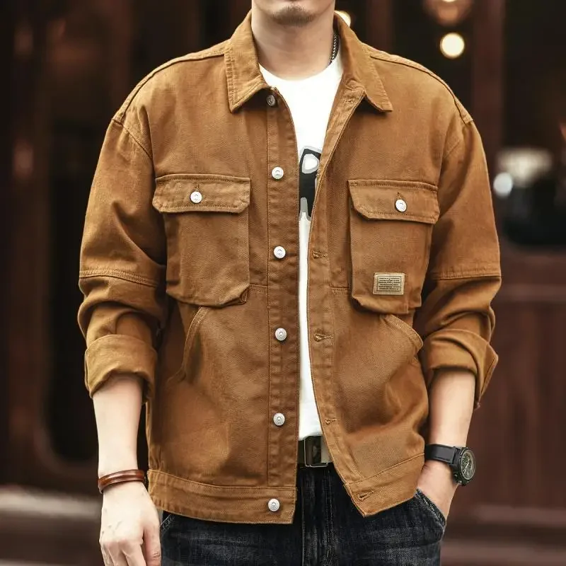 Cargo Oversize Cowboy Coat for Men Brown Cotton Denim Jackets Man Joker of Fabric Korea Japanese Retro Outwear Size L Lxury Worn