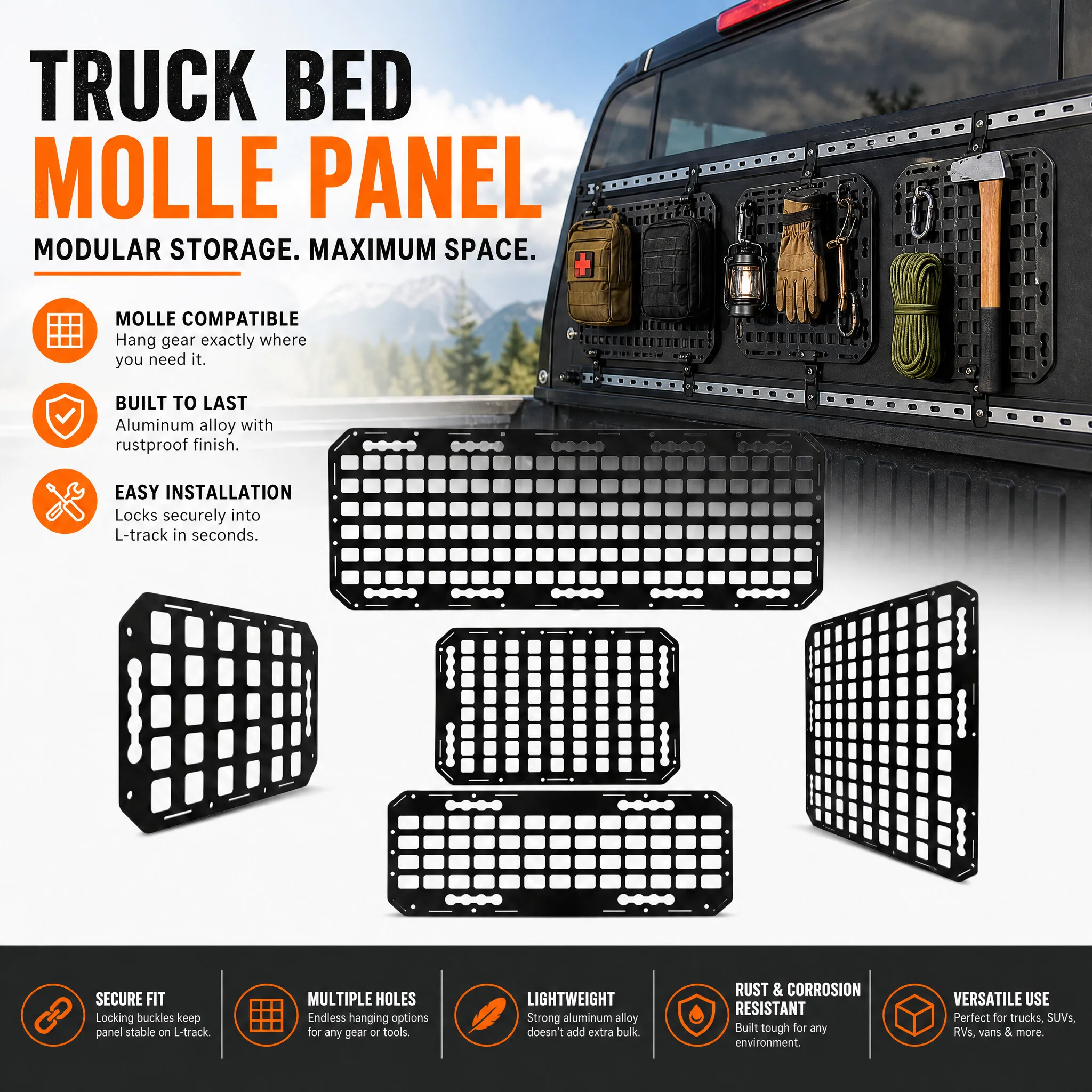 1Pc 5 Sizes Truck Bed Molle Panel Aluminium Alloy Multifunctional L Track Storage Organizer for Car SUV RV Storage Accessories