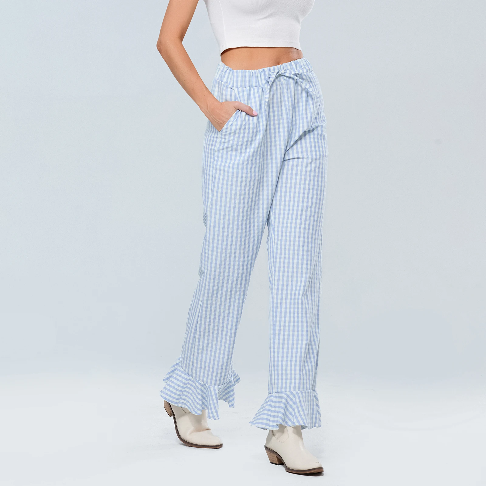 

Women's Summer Casual Loose Plaid Printed Flare Pants Elastic Drawstring High Waist Ruffled Cuffs Flare Pants Streetwear