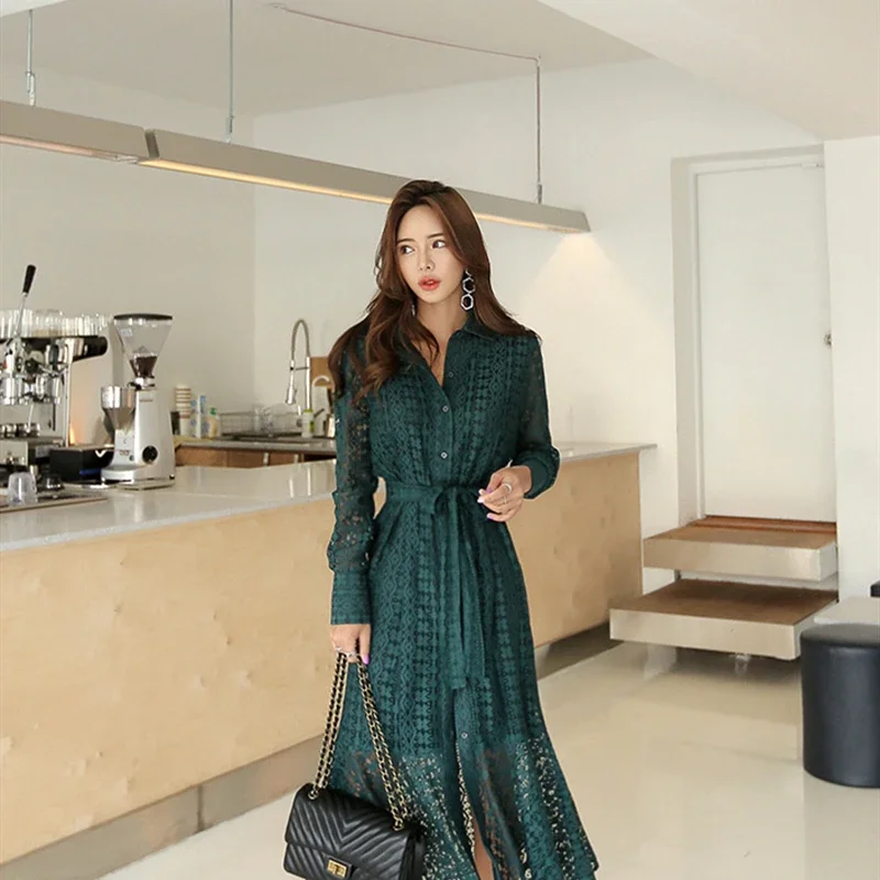 

Vintage Hollow-out Lace Women long dress Single Breasted Bandage Elegant Women's gown Full Sleeve Autumn Vestidos femme -Q33