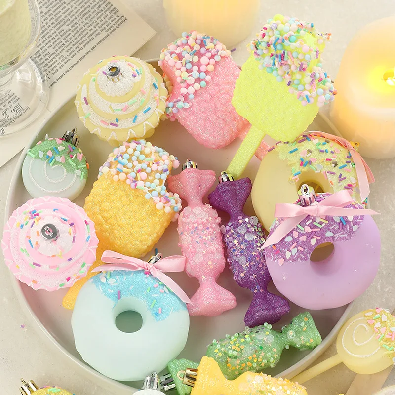 

3pcs/set Macaroon Christmas Candy Balls Set Ice Cream Donut PVC Cake Lollipop Balls Pendant DIY Cartoon Christmas Tree Ornaments