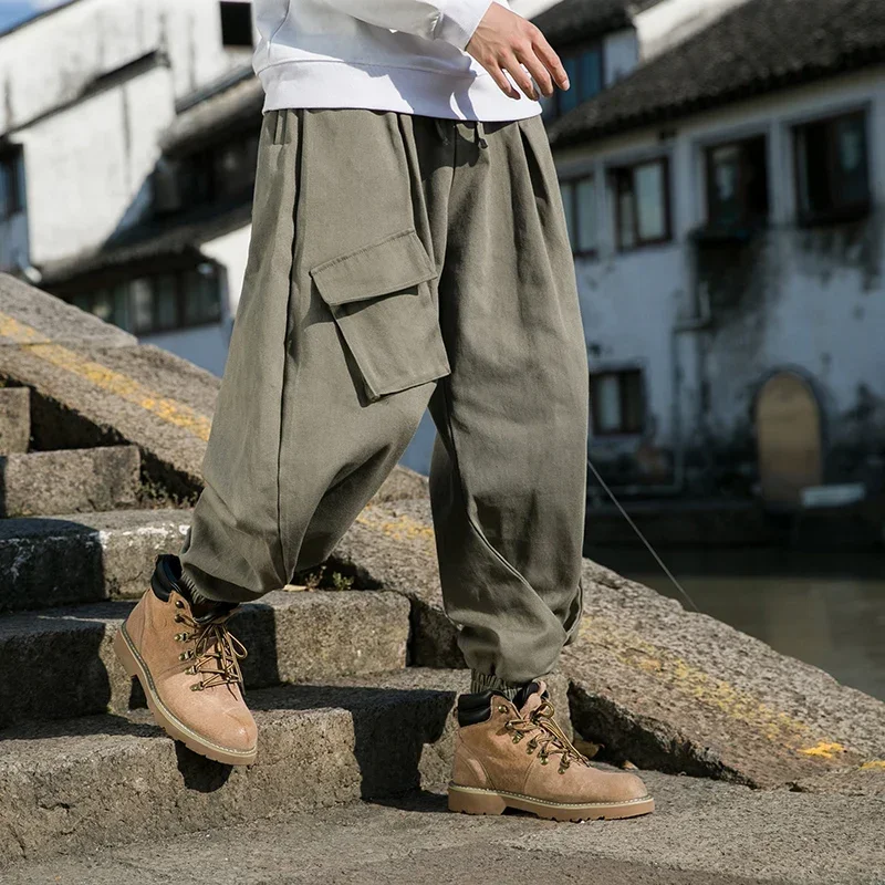 Japanese Streetwear Men\'s Solid Color Pocket Drawstring Jogger Pants Casual Hip Hop Straight Pants Retro Wide Leg Cargo Pants