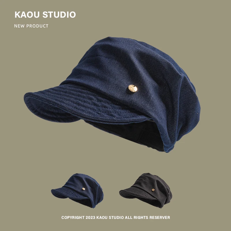 

Niche Denim Pleated Equestrian Hat Spring and Autumn Literary Large Edition Metal Label Soft Brim Sunshade Beret for Women‘s