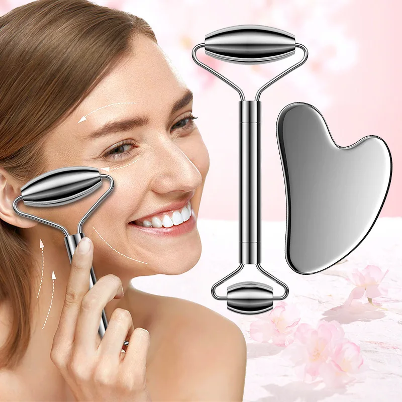 Stainless Steel Facial Roller Gua Sha Tool Set Face Care Massage Neck Beauty Health Anti Wrinkle Cellulite Skin Detox Massager