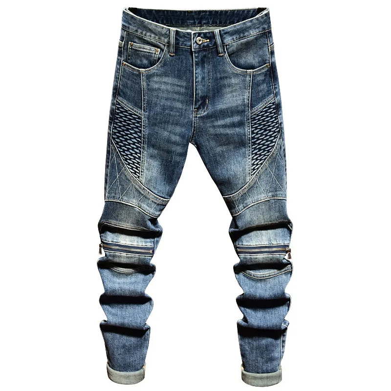 High end new men jeans with elastic zipper slim fit straight tube casual motorcycle rider washed blue patchwork jeans