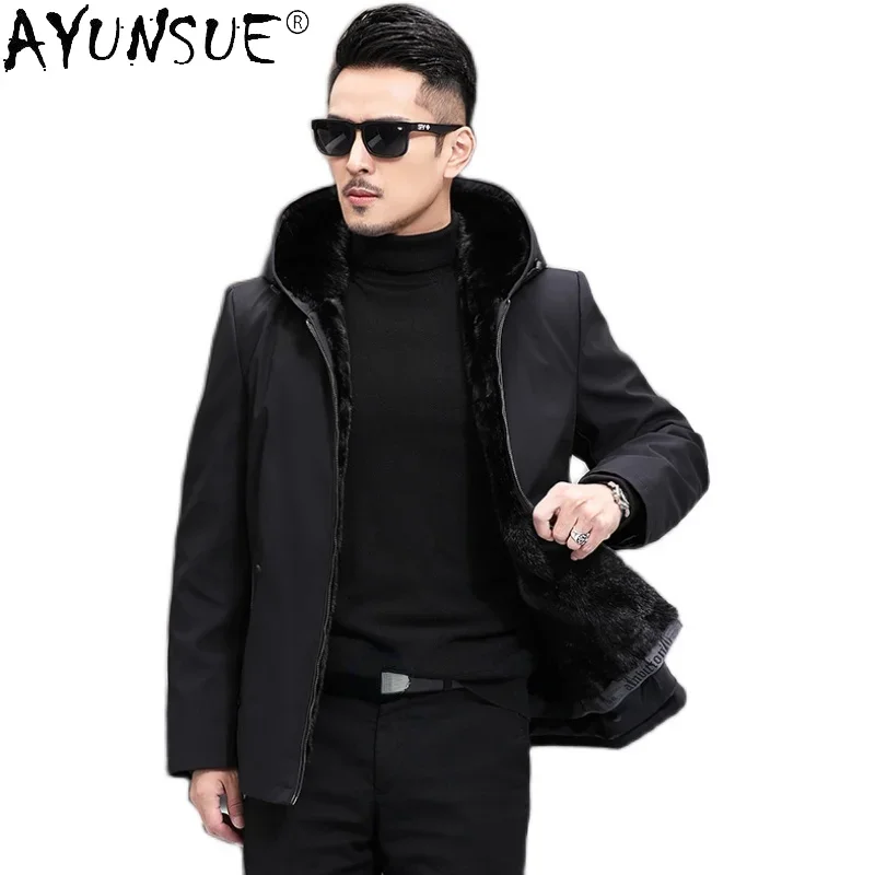 

AYUNSUE Winter Jacket Men Black Hooded Fur Coat Male Mink Fur Liner Jackets Men's Casual Coats Korean Style Manteau Homme SQQ831