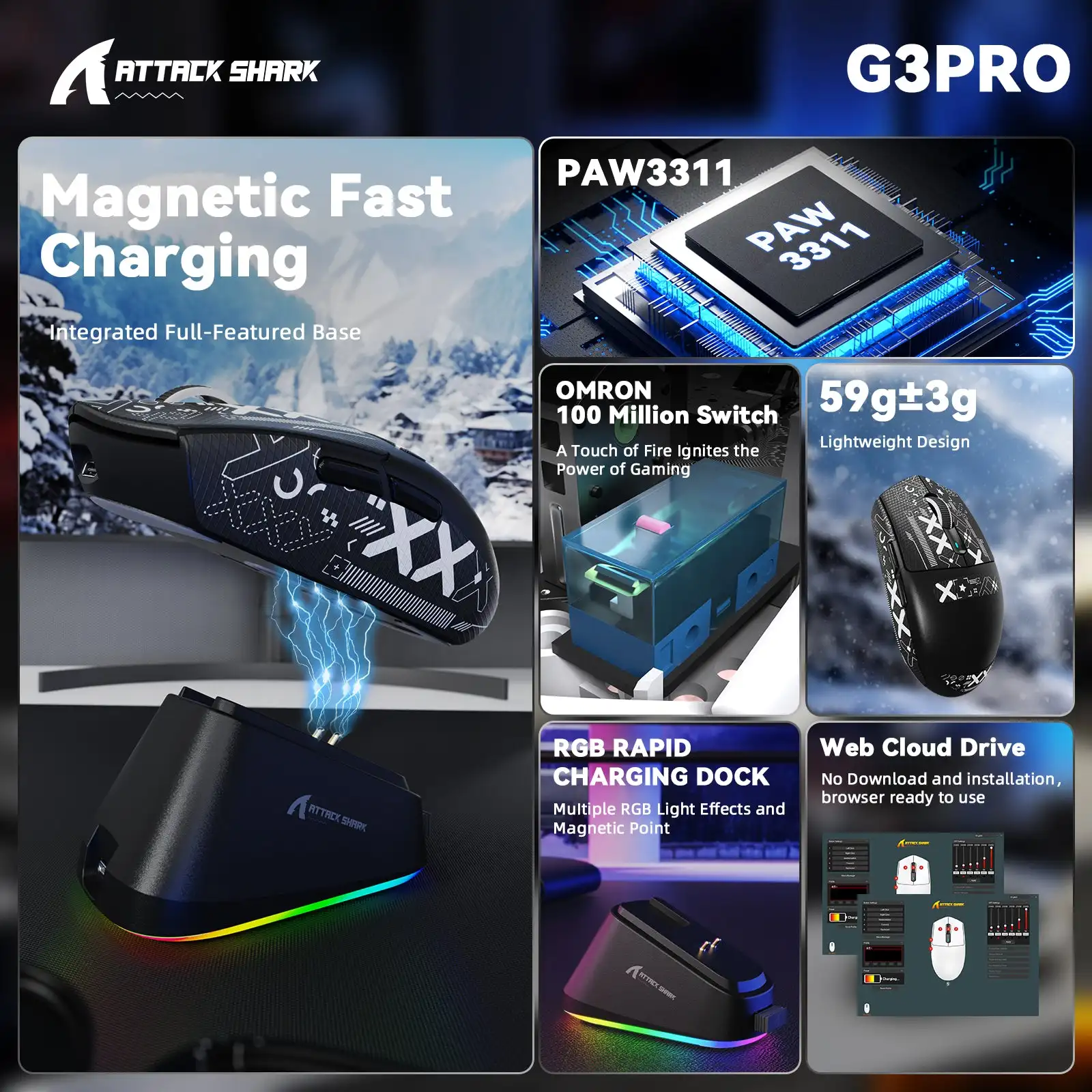 ATTACK SHARK G3 PRO Wireless Gaming Mouse,Tri-Mode 2.4G Wireless/Bt, Magnetic Charging Dock,62g Lightweight, PAW3311,1000Hz ,