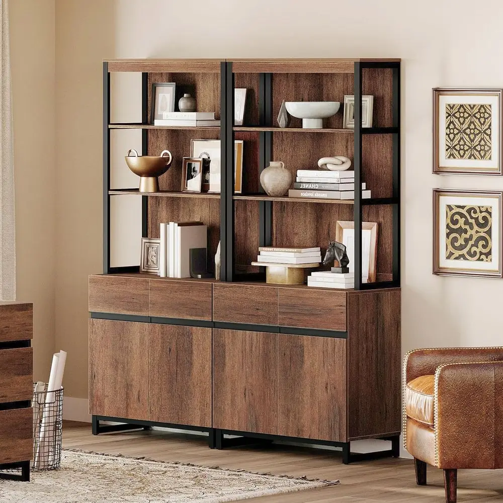 

72 Tall Wood Bookshelf with Metal Base, Adjustable Shelves, Storage Cabinet for Home or Office, Brown