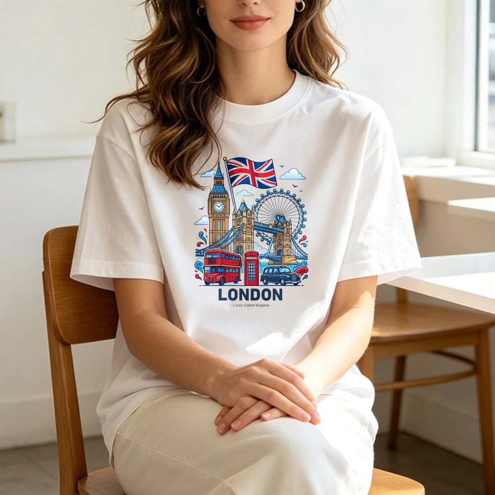 Fashion London Landmark Graphic Tee Big Ben Tower Bridge Red Bus Souvenir Men Women Streetwear Tops Retro Cotton Casual T-Shirt