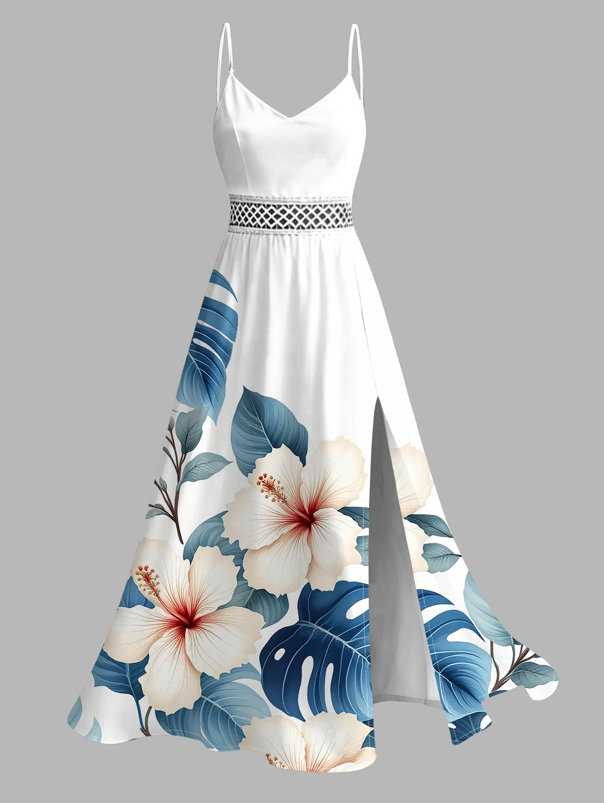 Dressfo Women's Dress Vacation Dress Watercolor Hibiscus Floral Leaf Print Slit Lace Hollow Out Dress vestido