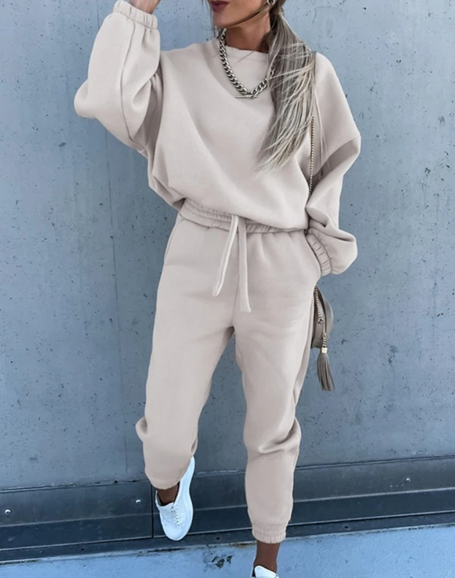 

2023 Autumn Winter Spring New Fashion Casual Womens Two Piece Sets Outfit O-Neck Sweatshirt & Drawstring Cuffed Pants Set