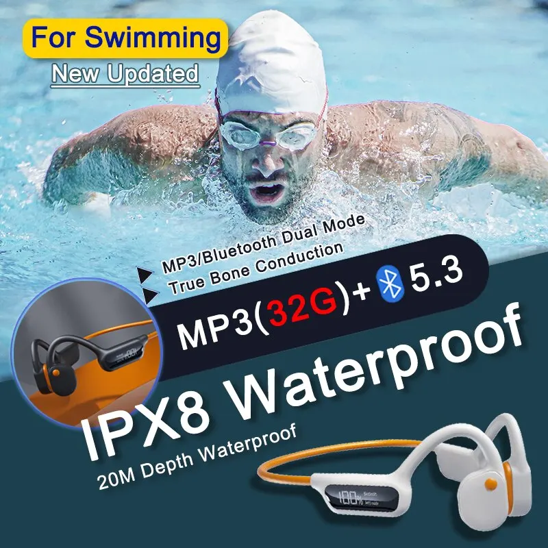 Bone Conduction Headphones Swimming Diving IPX8 Waterproof Headset 32GB MP3 Player Bluetooth 5.3 Ear-Hook Sport HIFI Earphones