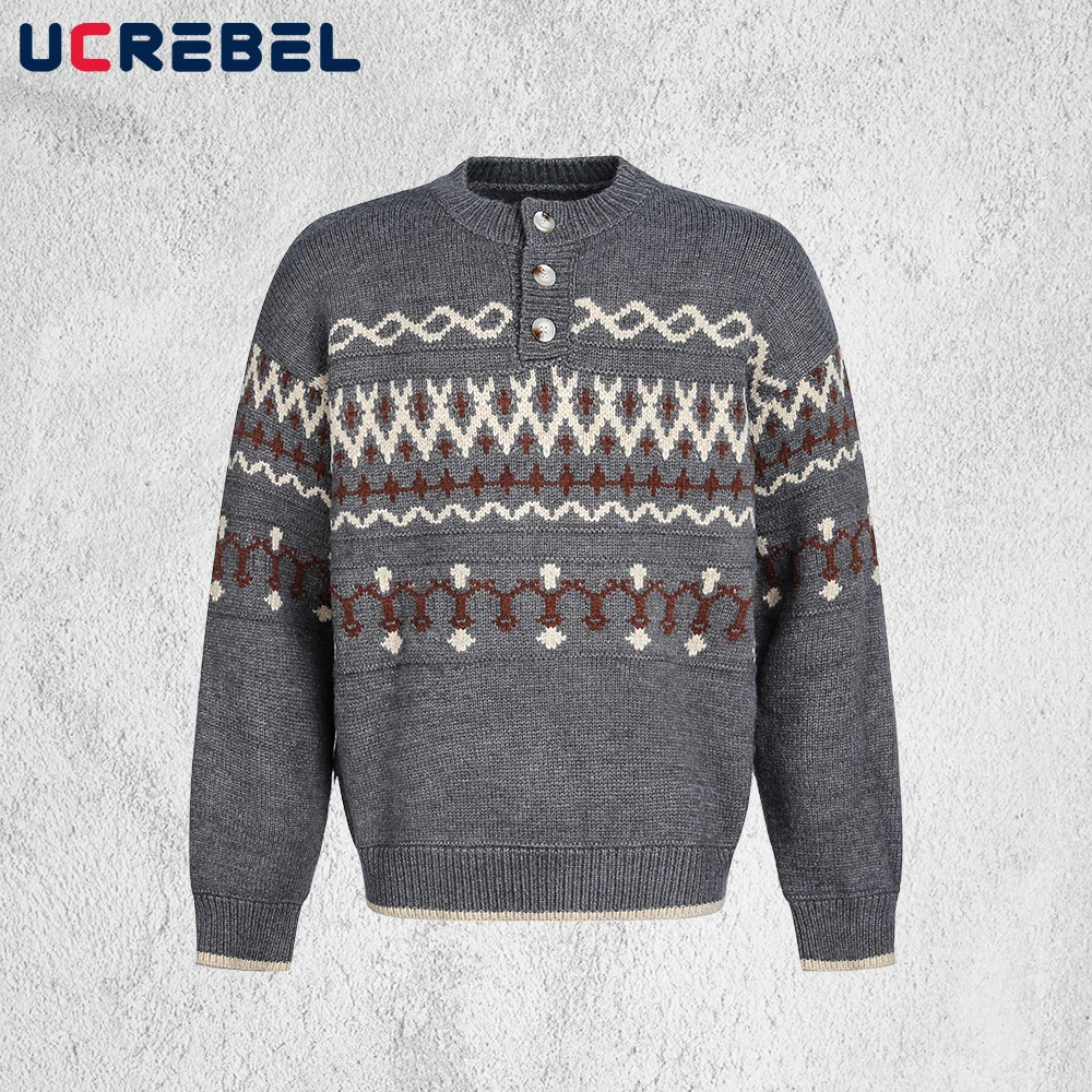 

Жаккардовый свитер в стиле ретро, мужской осенне-зимний уличный вязаный пуловер с круглым вырезом и заниженными плечами, длинными рукавами