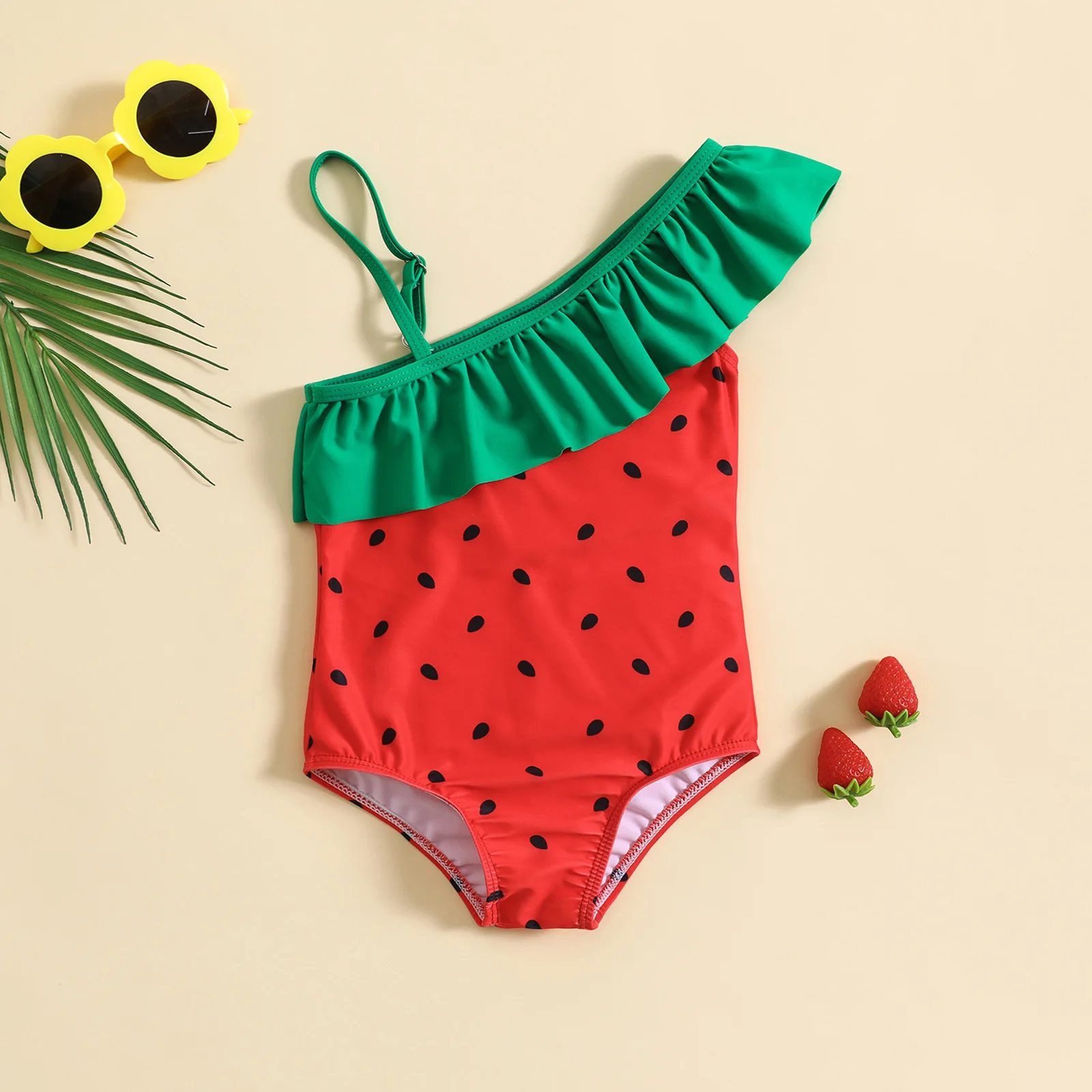 Cute Watermelon Seed One-piece Sleeveless Kids Girl Swimwear Swimsuit Swimming for Baby Girl Travel Summer Beach Child Clothes