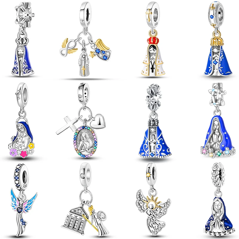 925 Silver Virgin Mary Deep Blue Golden Goddess Beautiful Blessing Charms Beads Fit Pandora 925 Original Bracelets DIY Jewelry