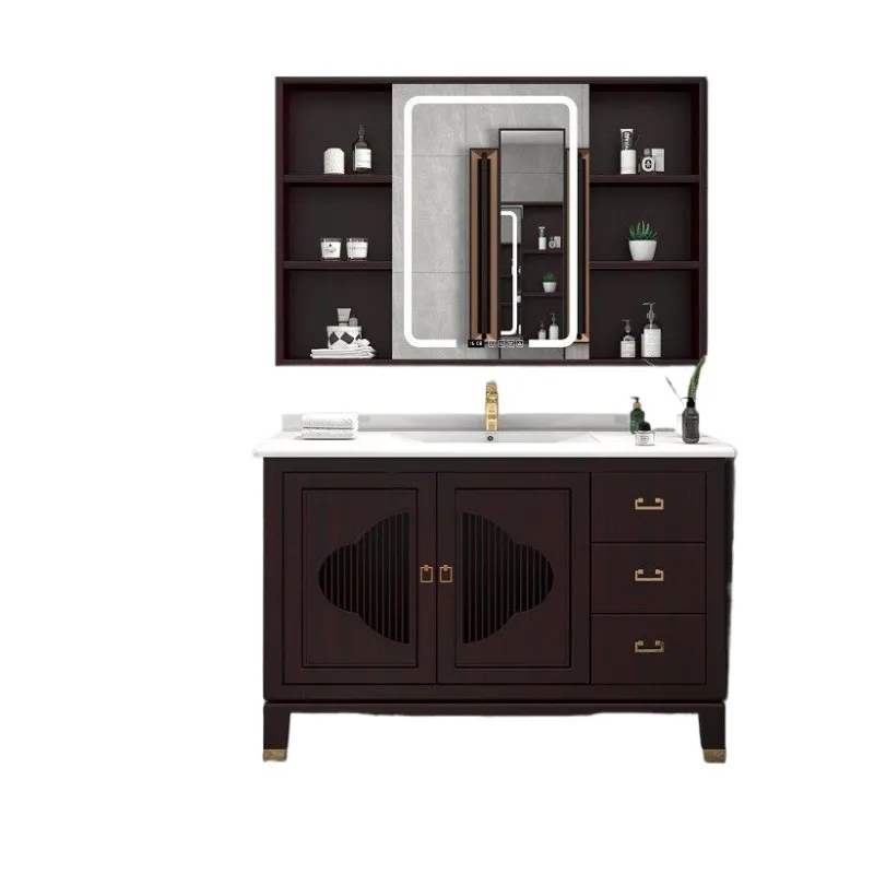 New Chinese oak bathroom cabinet combination intelligent face wash basin sink solid wood washbasin