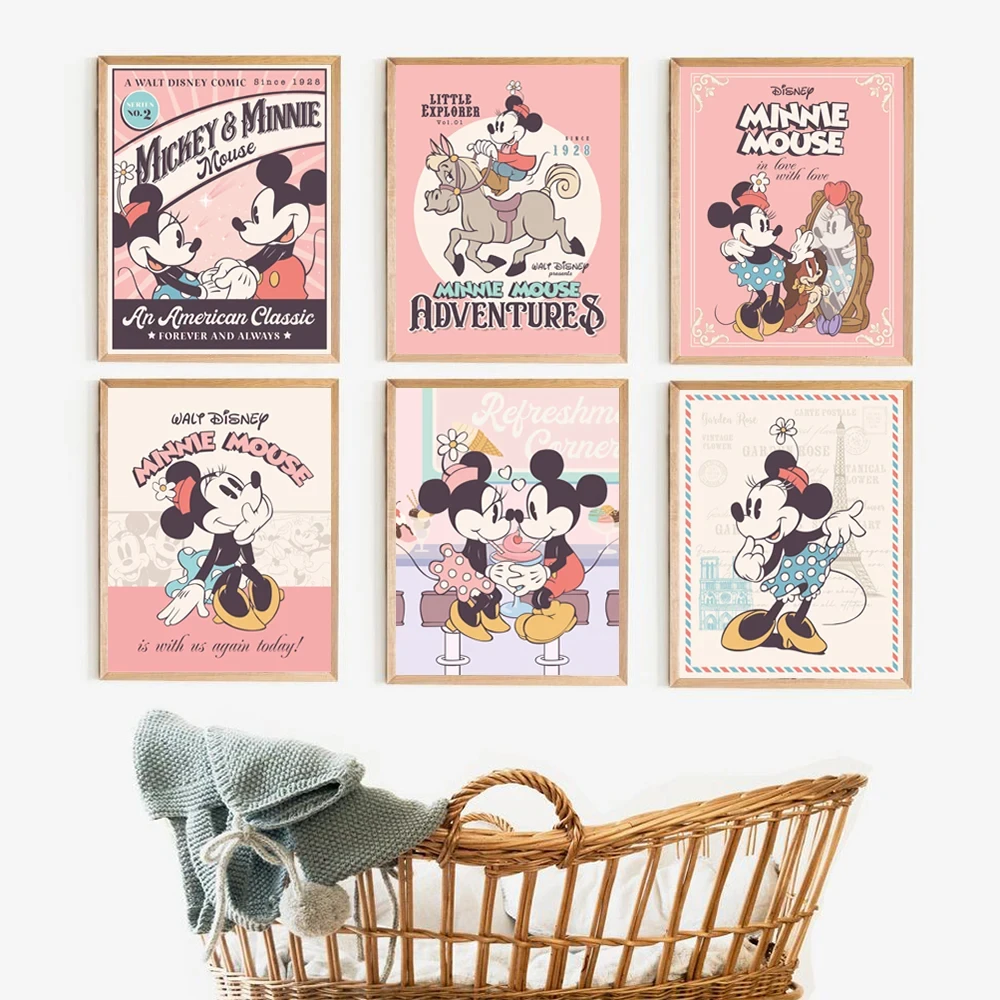 MINISO Disney Vintage Mickey and Minnie Canvas Poster Disney Cartoon Wall Prints Disneyland Party Decor For Nursery Kids Room