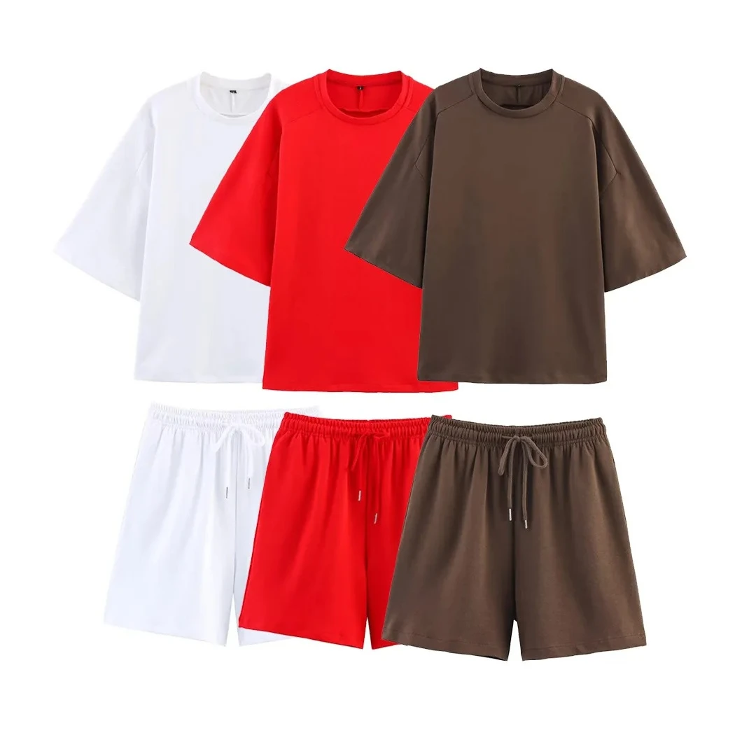 

Женская футболка и шорты с высокой эластичной резинкой на талии, спортивная одежда, женские шикарные женские модные короткие комплекты из 2 предметов, однотонные свободные комплекты
