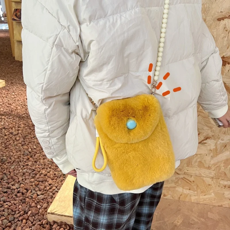 

New Women Mobile Phone Bag Rabbit Fur Cell Phone Bags Coin Strap Shoulder Bag Small Crossbody Bags for Women Wallet Travel Purse