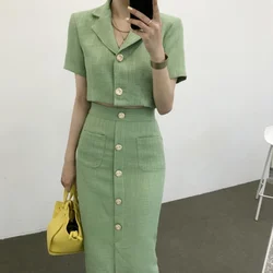 Women's Summer Thin Slim Blazer and Skirt Two 2 Piece Set Office Lady Outfits Short Top Jacket with High Waist Skirts Suits