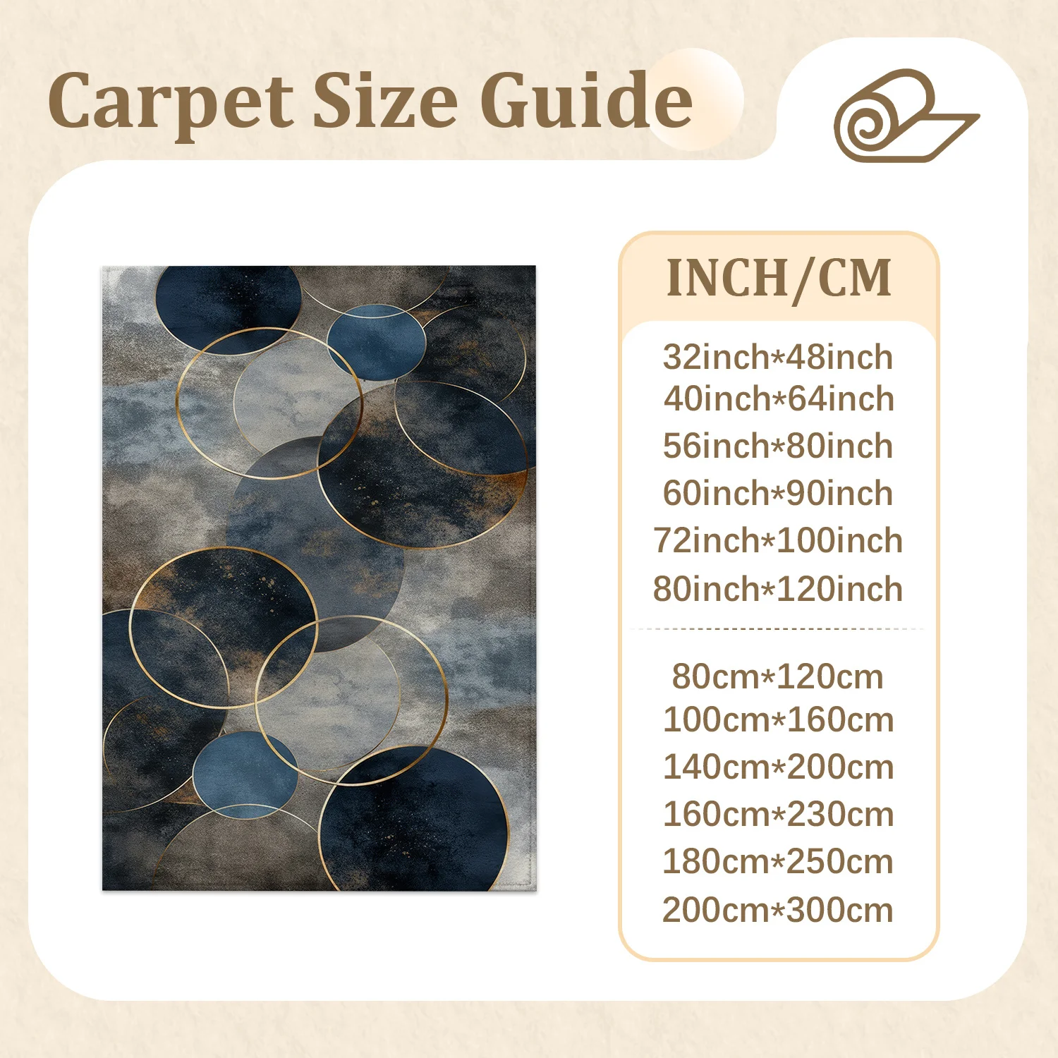 Large Indoor Area Rug, Soft Velvet Low Pile Rug with Non-Slip Dotted Backing, Machine Washable Modern Abstract Navy Gold Circle Pattern for Living Room, Bedroom, Entryway