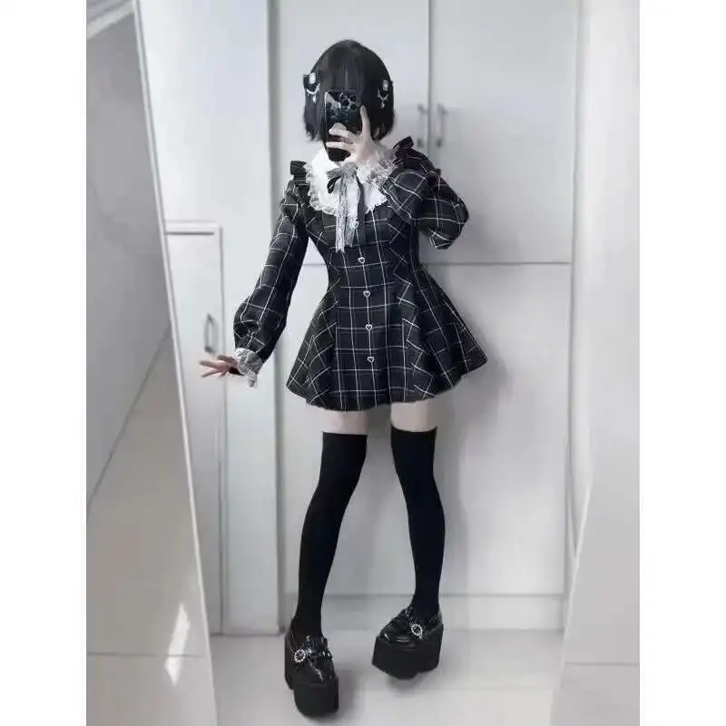Harajuku Sweet Bow Black Plaid Dresses All-match Slim Fit Kawaii Lolita Dress For Women Autumn New Long Sleeve Vestidos