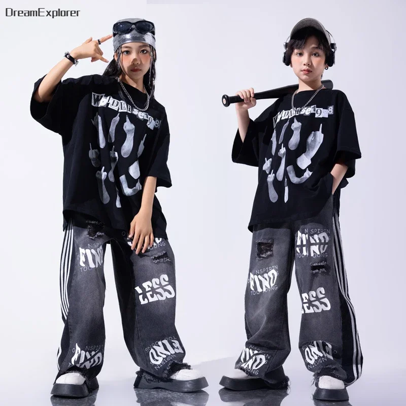 Boys Streetwear Street Dance Graffiti T-shirt Ripped Jeans Girls Hip Hop Shorts Clothes Sets Kids Jazz Denim Pants Teen Costumes