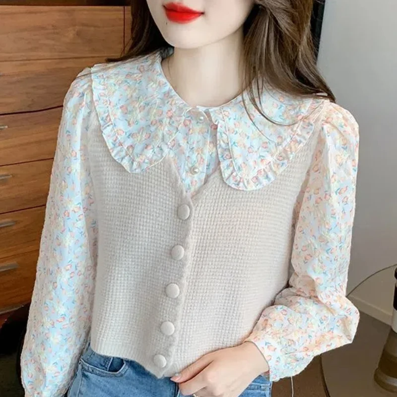 Sweet Preppy Style Autumn New Sweaters Women Peter Pan Collar Floral Shirt Button Casual Sleeveless Knitted Vest Two Piece Set