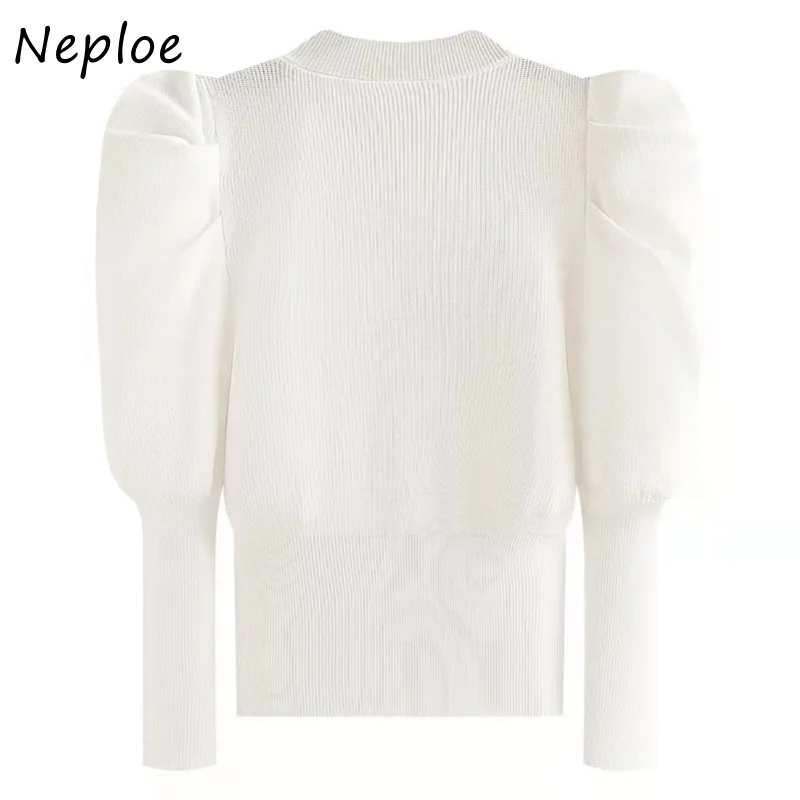 Neploe Slim High Waist Puff Sleeve Sweater Women Solid Color Knitting Pullover Shirt Woman Half-high Collar Bottoming Sweaters