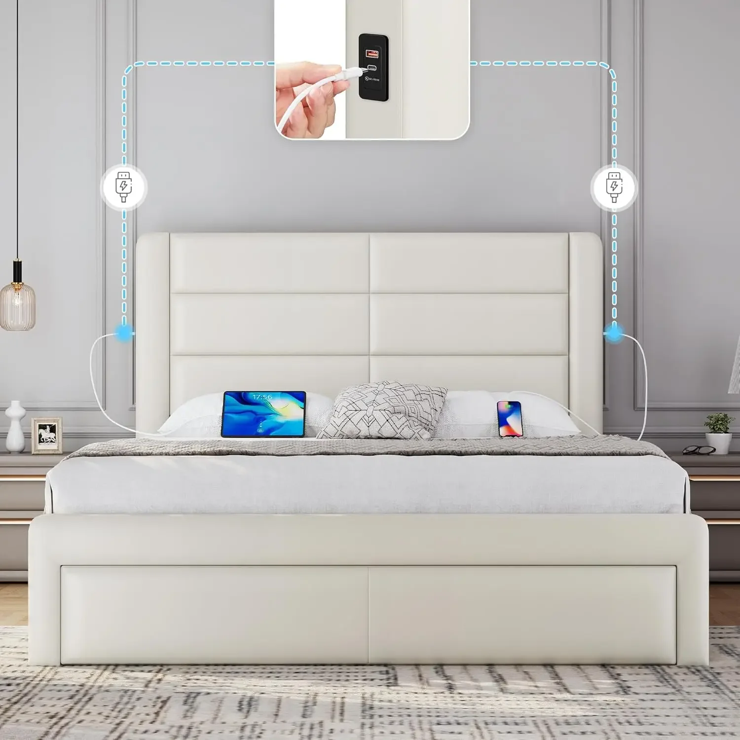 

Bed Frame with 2 USB Charging Stations/Port for Type A&Type C/3 Storage Drawers, Leather Upholstered Platform Bed