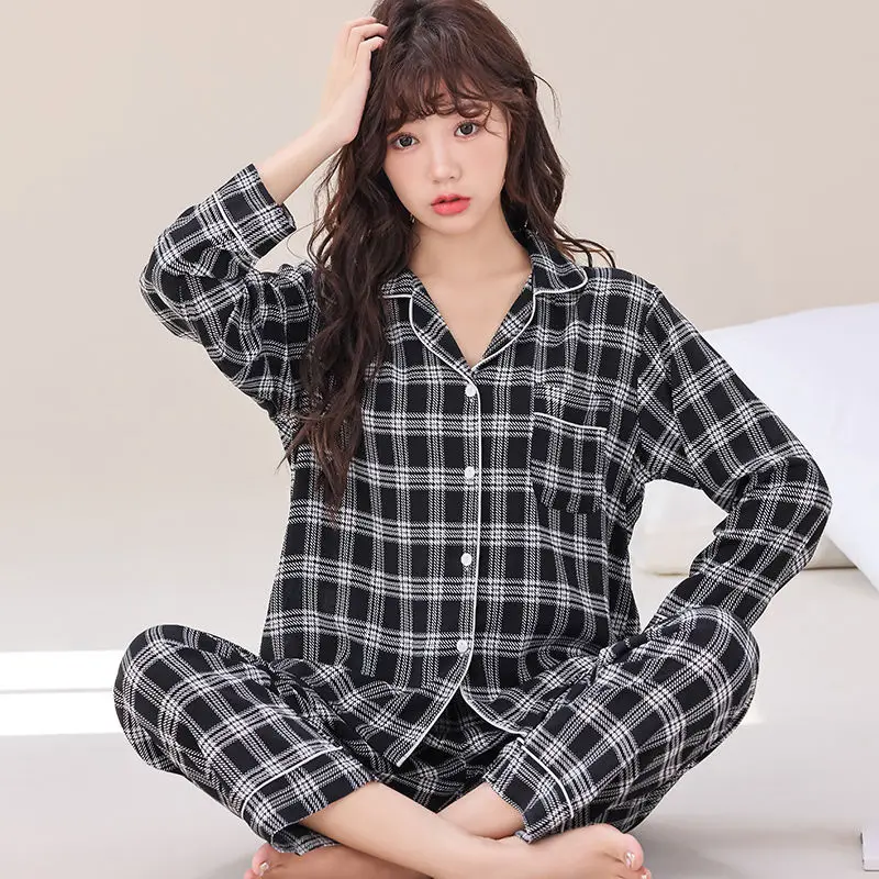 

2024 New Women Thin Sweet Cardigan Pajamas Set Spring Cotton Plaid Casual Student Homewear Suit Loose Lapel Breathable Sleepwear