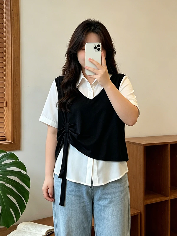 

Женская летняя рубашка больших размеров с коротким рукавом до плеч, новинка 2026 года, в корейском стиле, с эффектом двухслойности, скрывающая недостатки фигуры и стройнящая