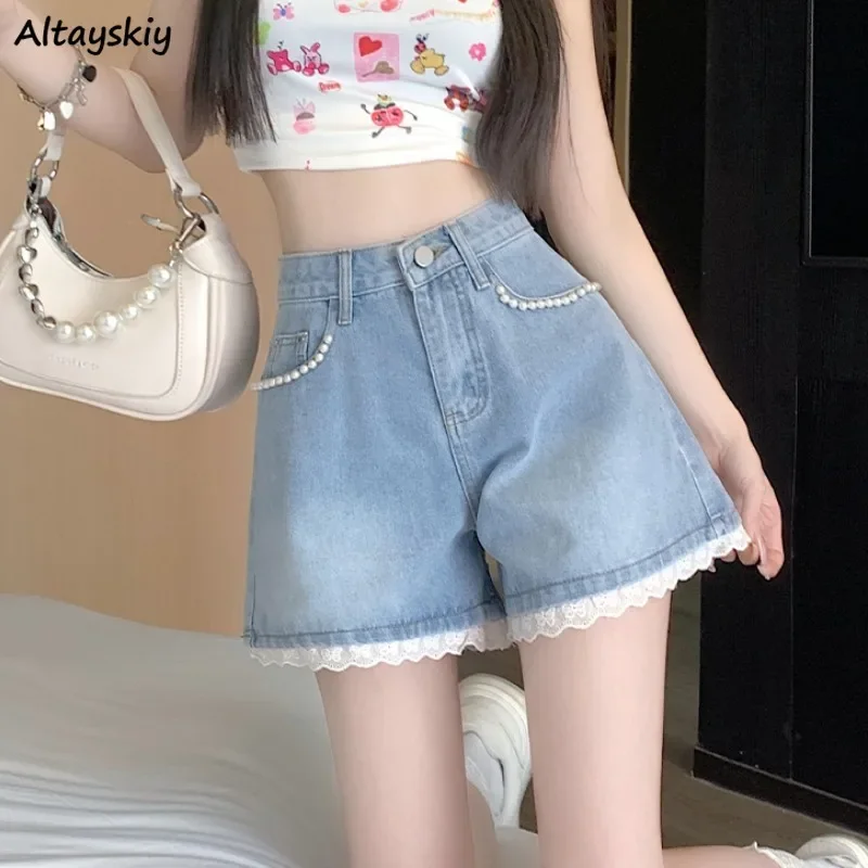 Denim Shorts Women Baggy Lace Patchwork Beading Wide Leg A-line High Waist Summer Sweet Girl Korean Fashion Designed Hotsweet