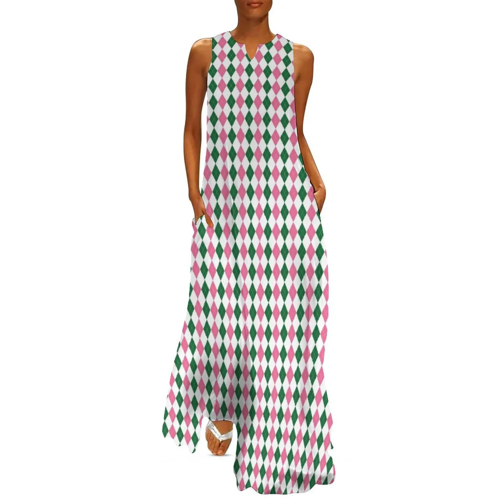 

Green Pink and White Argyle Pattern Diamond Checks Long Dress evening dresses ladies women evening dress evening dress woman