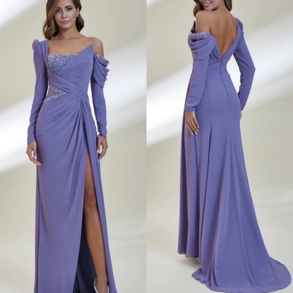 Customized Jersey Pleat Sequined Cocktail Party Sheath Off-the-shoulder Bespoke Occasion Gown Midi Dresses