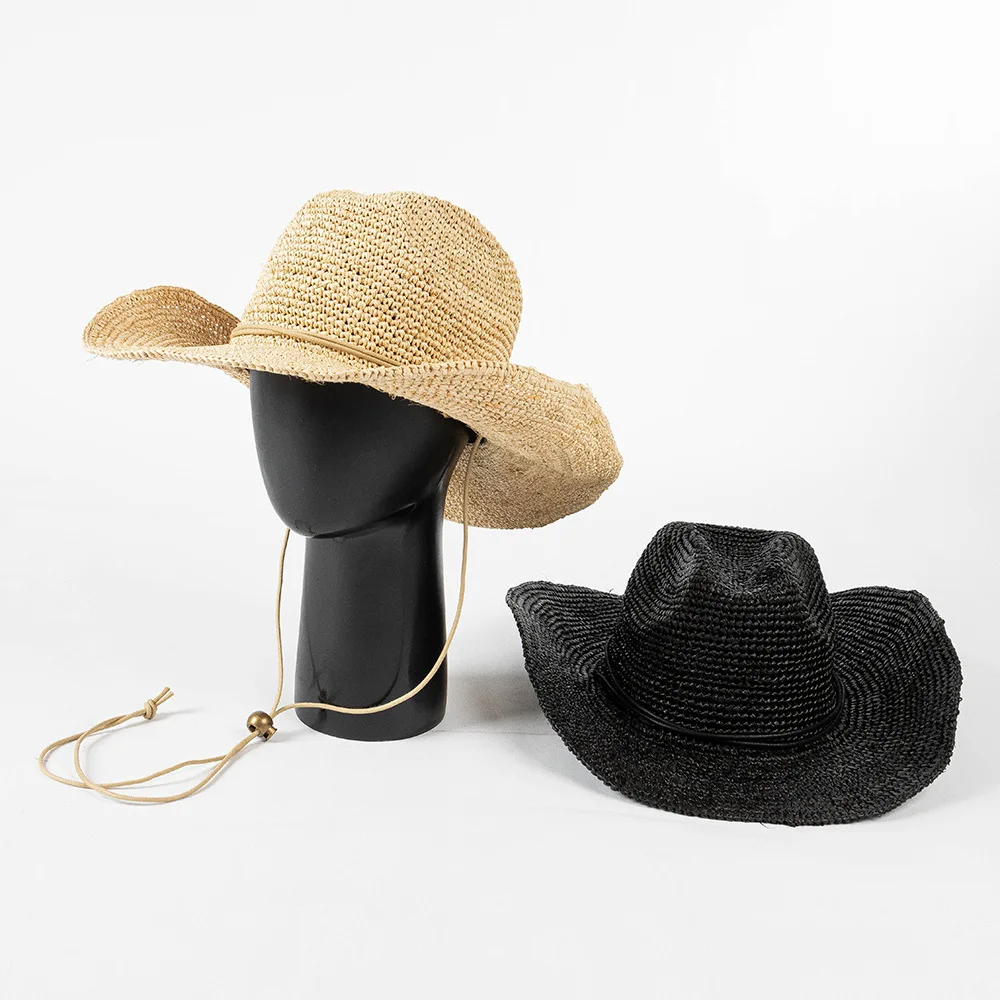 

Women's Raffia Cowboy Hat Natural Straw Hat Western Cowgirl Cap Summer Beach Hat Sun Protection Wide Brim Adjustable Drawstring