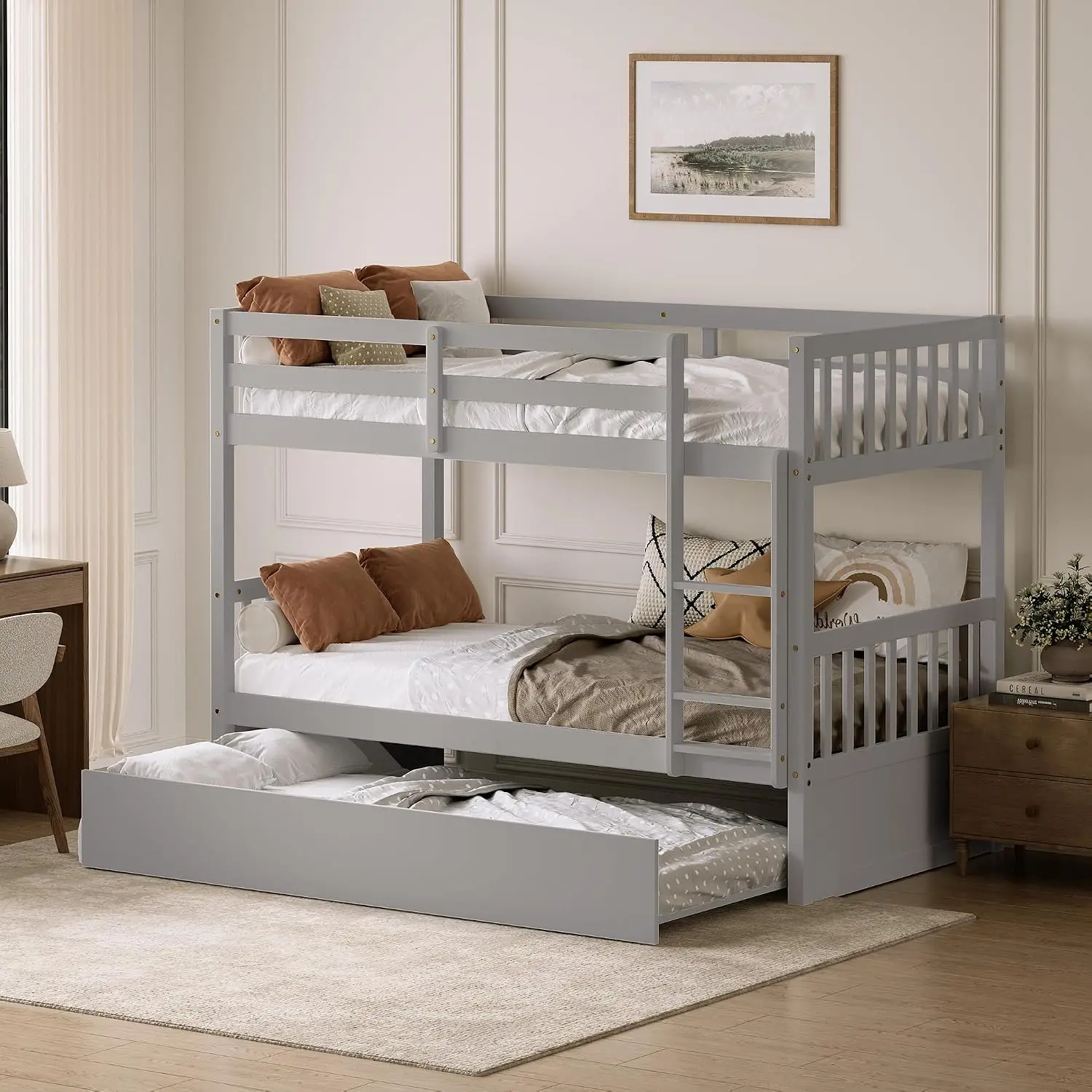 Full Over Full Bunk Bed with Trundle Converts to 2 Beds Grey, Customized