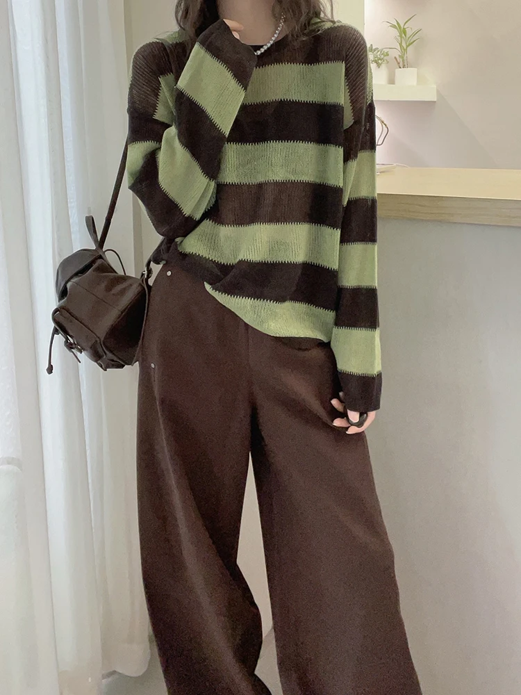 WHTREND Sweter damski w paski z dzianiny, okrągły dekolt, długie rękawy, blok kolorów, luźny, elegancki pulower, modny, jesień-zima, nowy WH1622