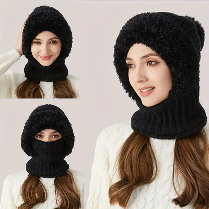 Winter Knit Hat with Fleece Lining and Ear Flaps - 3-in-1 Beanie Scarf Mask Set - Windproof Warm Hood Neck Warmer for Cycling