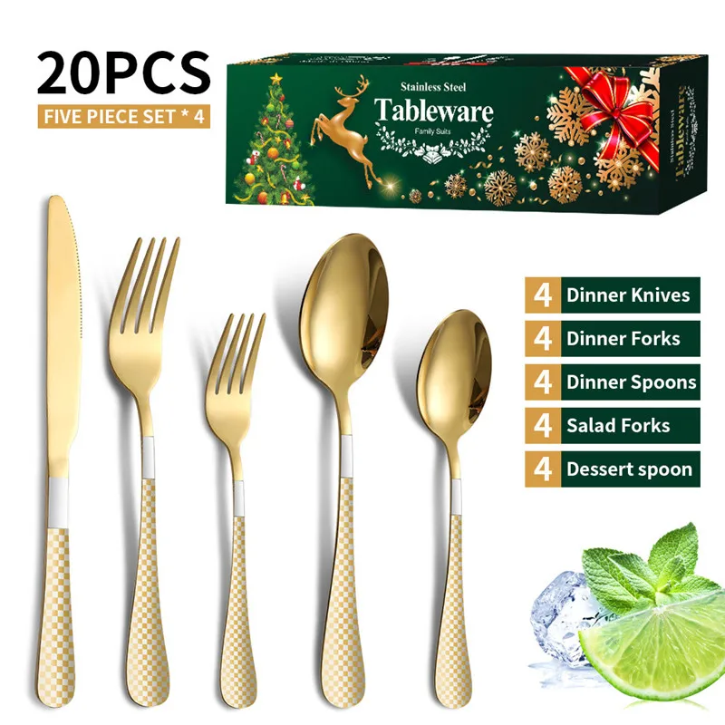 

2024 High-End Stainless Steel Cutlery Set - 20 Piece Safe Dinnerware Set Includes Forks Spoons Knives for Adults