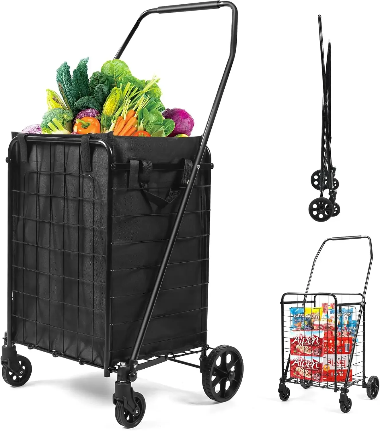 Foldable Shopping Cart with Liner, Portable Utility Cart with Wheels for Grocery and Heavy Duty, 120lbs, Black