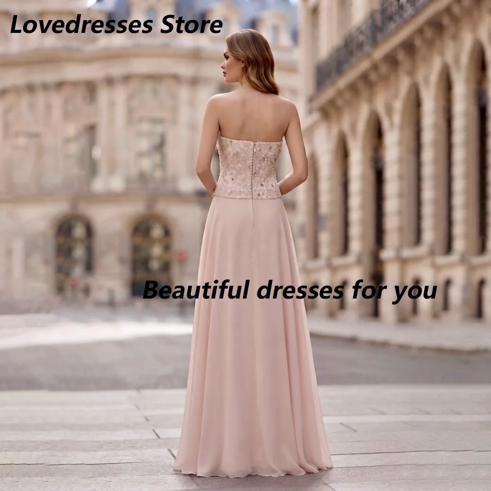 Customized Blush Chiffon Sweetheart Tube Strapless Mother Of The Bride Gown Rhinestone Bodice A Line Wedding Guest Gown