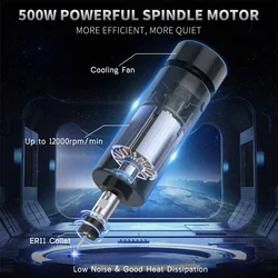 500W Air Cooled Spindle Motor 12000RPM ER11 Chuck Spindle 52mm Diameter 100VDC Motor for CNC Milling Machine Engraving Maching