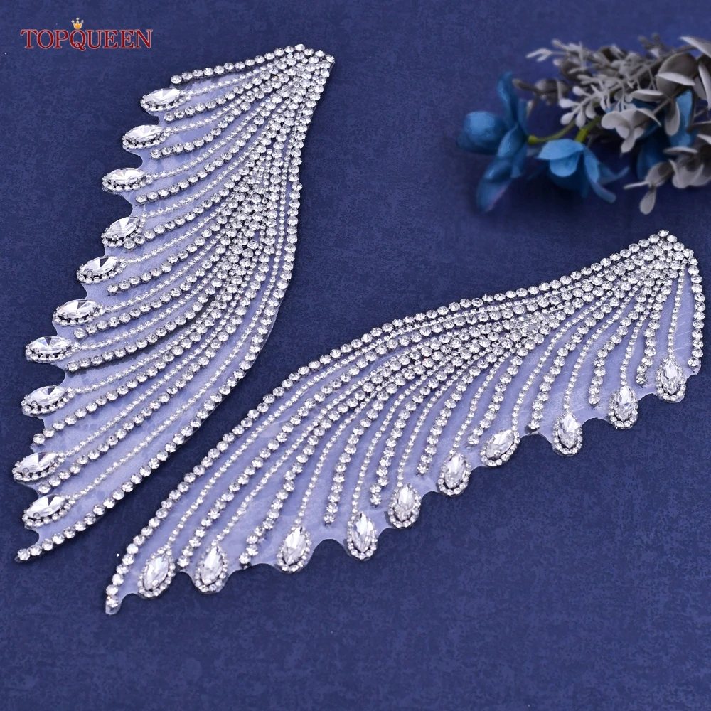 TOPQUEEN 3D Rhinestone Decal Pair Crystal Bead Handmade Patch French Bodice Applique Heavy Decal Wedding Set DIY SP55